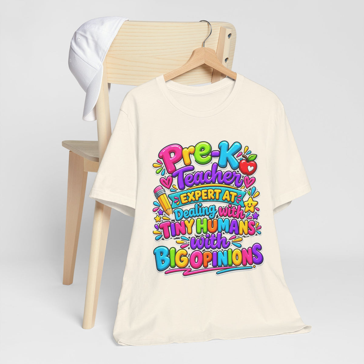 Pre-K Teacher T-Shirt - "Expert at Dealing with Tiny Humans with Big Opinions" Colorful Teacher Gift
