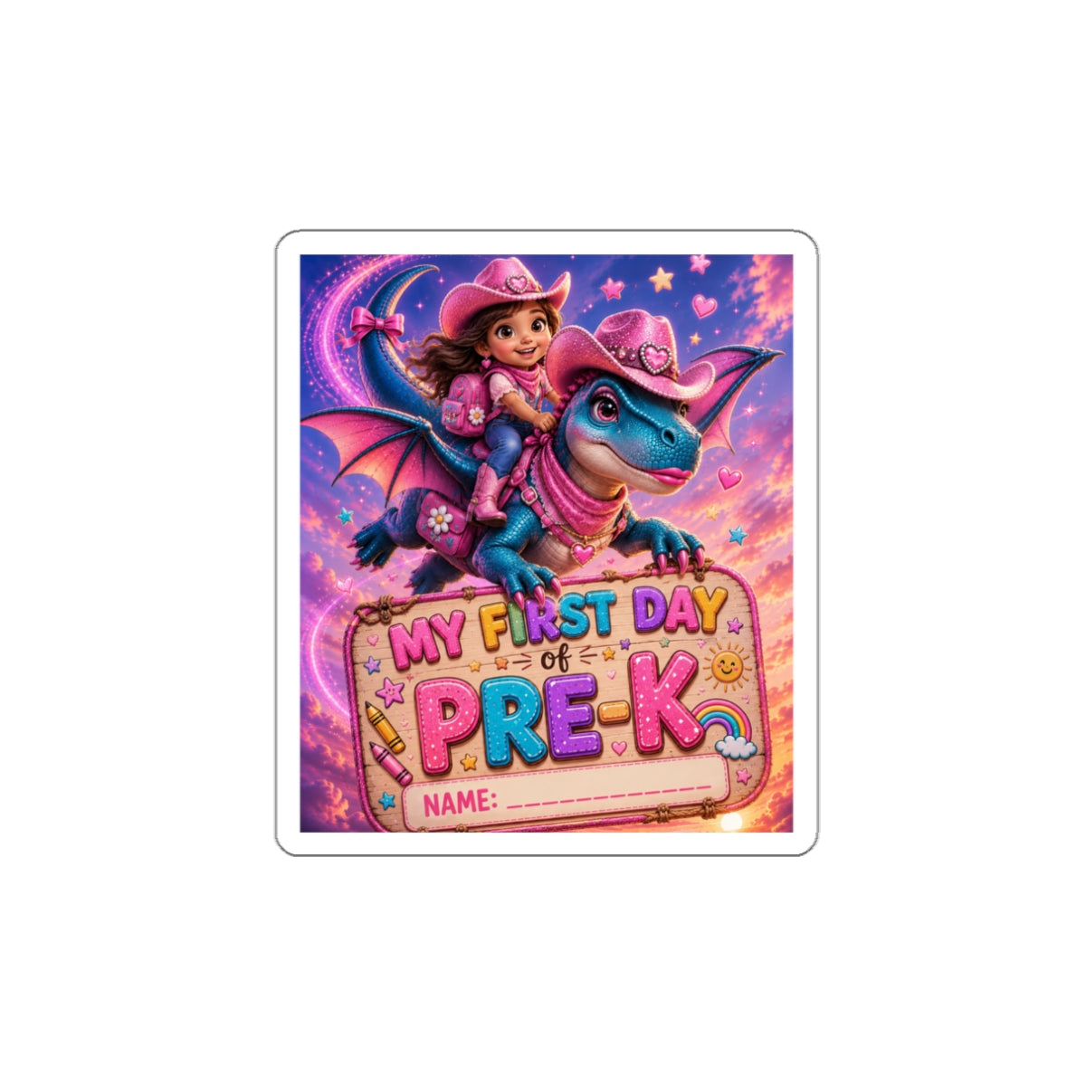 My First Day of Pre-K Die-Cut Sticker — Cute Dragon Cowgirl Back-to-School Name Label