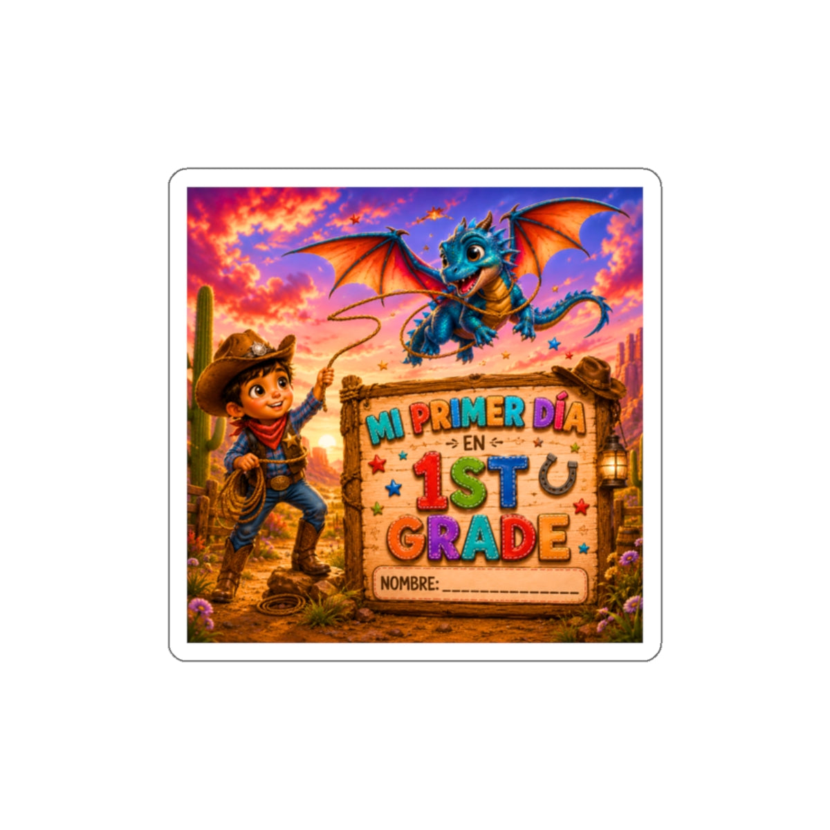 Mi Primer Día en 1º Grado - Die-Cut Sticker (Cute Dragon & Cowboy Back-to-School)
