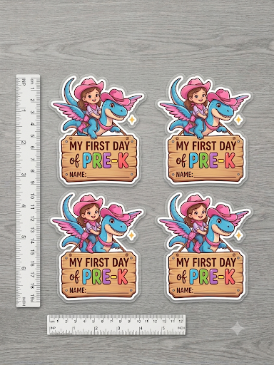 My First Day of Pre-K Die-Cut Sticker — Cute Dragon Cowgirl Back-to-School Name Label
