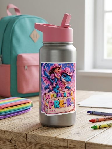 Mi Primer Día de Pre-K Die-Cut Sticker — Cute Dragon Cowboy Preschool Name Label