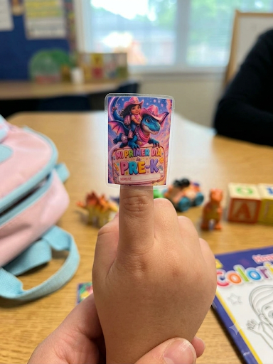 Mi Primer Día de Pre-K Die-Cut Sticker — Cute Dragon Cowboy Preschool Name Label