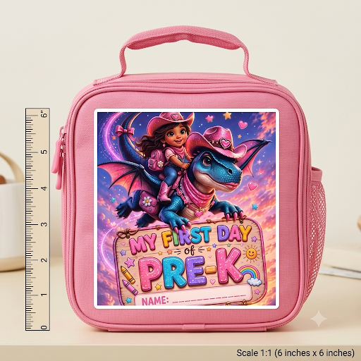My First Day of Pre-K Die-Cut Sticker — Cute Dragon Cowgirl Name Label