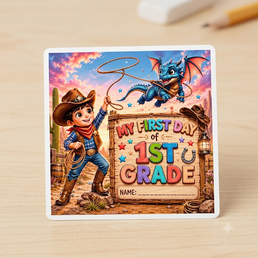 My First Day of 1st Grade Die-Cut Sticker — Cowboy & Dragon Back-to-School