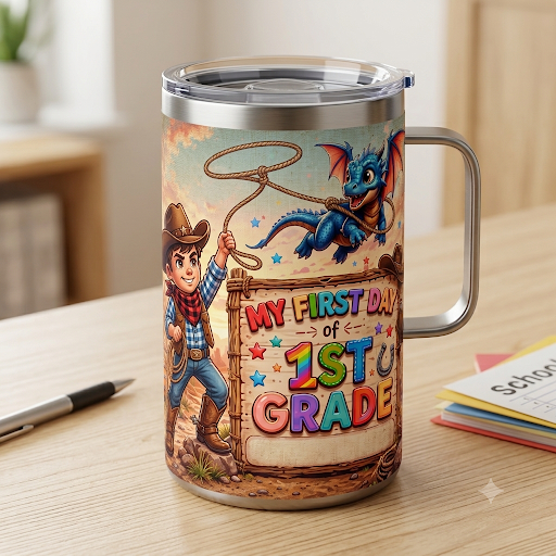 My First Day of 1st Grade Die-Cut Sticker — Cowboy & Dragon Back-to-School