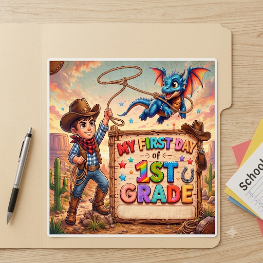 My First Day of 1st Grade Die-Cut Sticker — Cowboy & Dragon Back-to-School