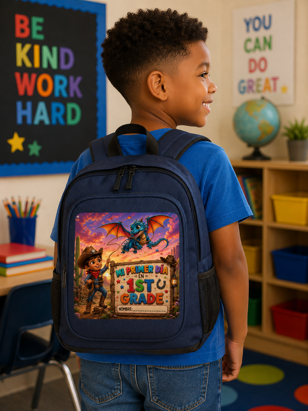 Mi Primer Día en 1º Grado - Die-Cut Sticker (Cute Dragon & Cowboy Back-to-School)