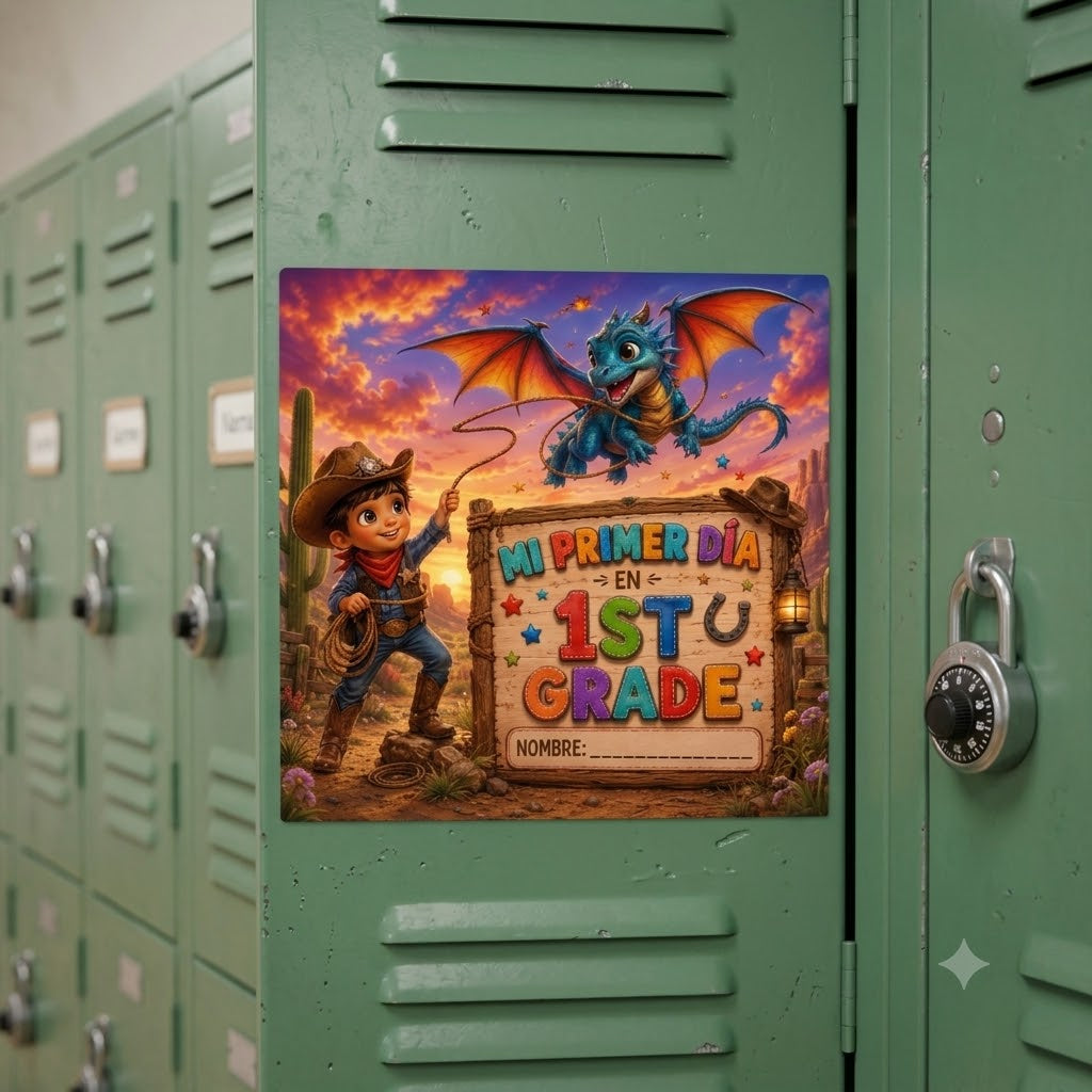Mi Primer Día en 1º Grado - Die-Cut Sticker (Cute Dragon & Cowboy Back-to-School)