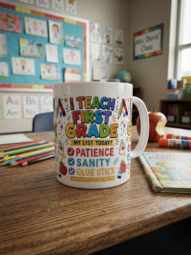 I Teach First Grade Mug — 'My List Today? Patience, Sanity, Glue Stick' Ceramic Teacher Gift (11oz & 15oz)