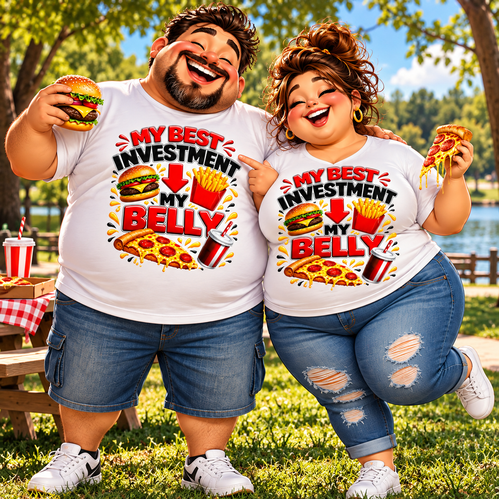 Graphic Tee - "My Best Investment Is My Belly" Funny Food Lover T-Shirt (Burger, Pizza, Fries & Soda)