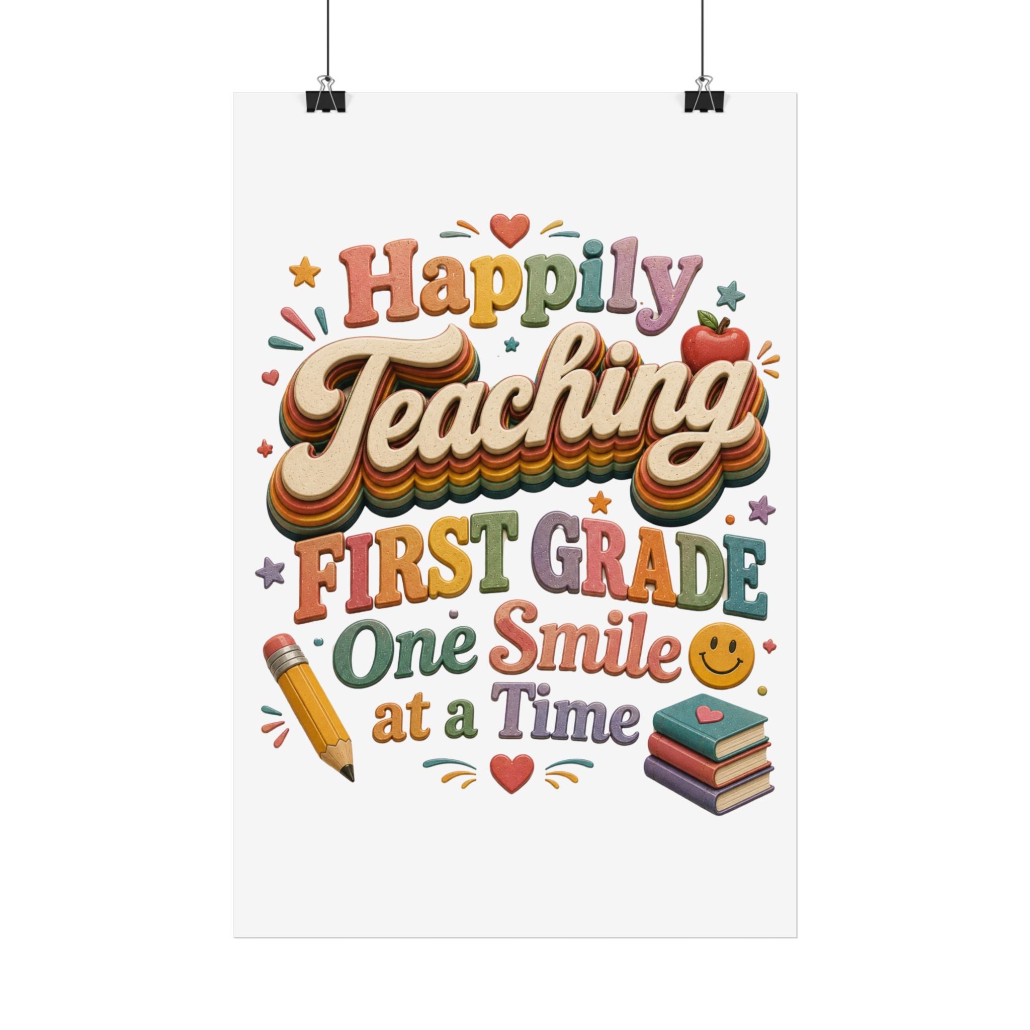 Happily Teaching First Grade Satin Poster | Retro Teacher Decor  | Teacher Classroom Decor  | Back to School Gift  | Elementary School Art