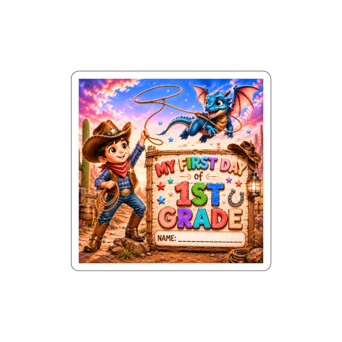 My First Day of 1st Grade Die-Cut Sticker — Cowboy & Dragon Back-to-School