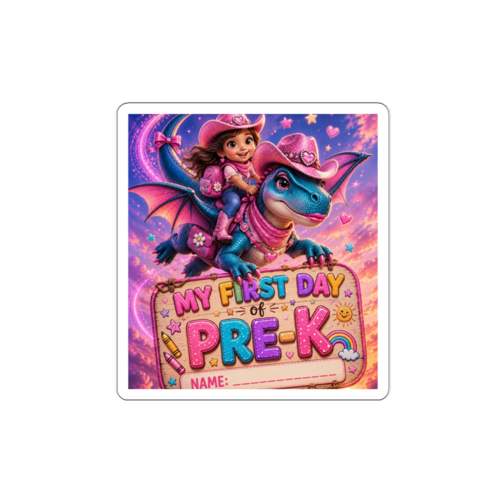 My First Day of Pre-K Die-Cut Sticker — Cute Dragon Cowgirl Name Label