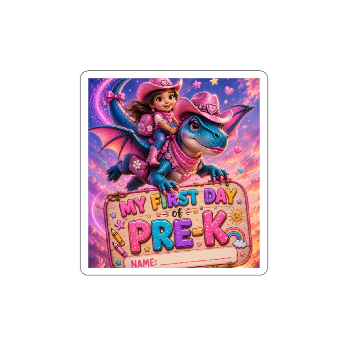 My First Day of Pre-K Die-Cut Sticker — Cute Dragon Cowgirl Name Label